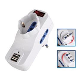 Adattatore rotante 2 prese bipasso 2p+t 10/16 a+ 1 schuko+2 prese usb melchioni