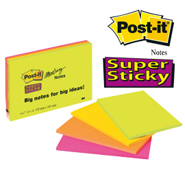 Blocco 45foglietti post-it®super sticky 101x152mm meeting note neon 6445-ssp