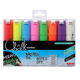 Busta 8 marcatore a gesso liquido uni chalk p.scalpello col.assortiti uni