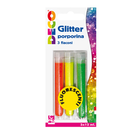Blister glitter 3 flaconi grana fine 12ml colori assortiti fluo cwr