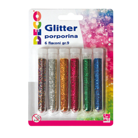 Blister glitter 6 flaconi grana fine 12ml colori assortiti cwr