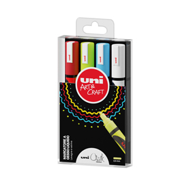 Busta 4 marcatore a gesso liquido uni chalk p.tonda col.assortiti uni