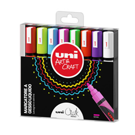 Busta 8 marcatore a gesso liquido uni chalk p.tonda col.assortiti uni