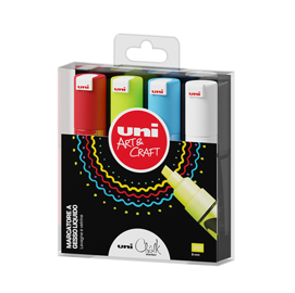 Busta 4 marcatore a gesso liquido uni chalk p.scalpello col.assortiti uni