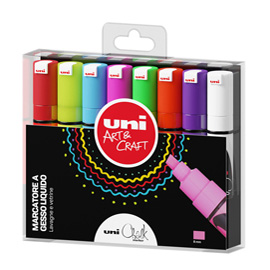 Busta 8 marcatore a gesso liquido uni chalk p.scalpello col.assortiti uni
