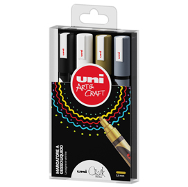 Busta 4 marcatore a gesso liquido uni chalk p.tonda col.ass. (ne/bi/oro/arg)