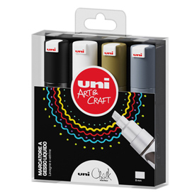 Busta 4 marcatore a gesso liquido uni chalk p.scalpello col.ass.(ne/bi/oro/arg)