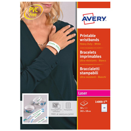 Braccialetti identificativi bianco 5fg a4 265x18mm (10et/fg) laser avery