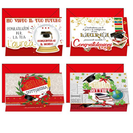 Biglietto laurea - cartoncino liscio - 11,7 x 17 cm - soggetti assortiti - kartos - conf. 12 pezzi