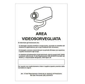 Cartello alluminio 20x30cm 'area videosorveglianza con registrazion' rif.gdpr'