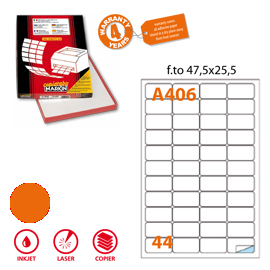 Etichetta adesiva a/406 arancio fluo 100fg a4 47,5x25,5mm (44et/fg) markin