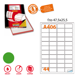 Etichetta adesiva a/406 verde fluo 100fg a4 47,5x25,5mm (44et/fg) markin