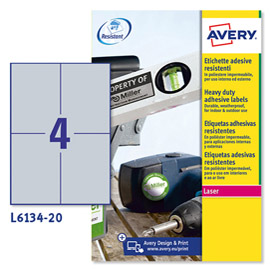 Etichetta in poliestere adesivo l6134 - adatta a stampanti laser - 105 x 148 mm - 4 et/fg - argento - avery - conf. 20 fogli a4