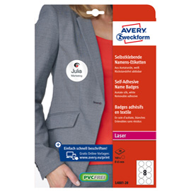 Etichette badge per tessuti rotonde - Ø 65 mm - 20 fogli (8 et/fg) - laser - avery