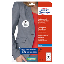 Etichette badge per tessuti rotonde - Ø 65 mm - 20 fogli (10 et/fg) - inkjet - avery