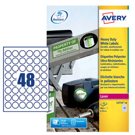 Etichetta in poliestere adesivo l4716 - adatta a stampanti laser - diametro 30 mm - 48 et/fg - bianco - avery - conf. 20 fogli a4