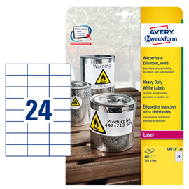 Etichetta in poliestere adesivo l4718 - adatta a stampanti laser - 70 x 37 mm - 24 et/fg - bianco - avery - conf. 20 fogli a4