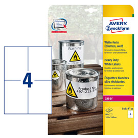 Etichetta in poliestere adesivo l4719 - adatta a stampanti laser - 105 x 148 mm - 4 et/fg - bianco - avery - conf. 20 fogli a4
