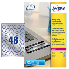 Etichetta in poliestere adesivo l6129 - adatta a stampanti laser - diametro 30 mm - 48 et/fg - argento - avery - conf. 20 fogli a4
