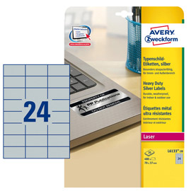 Etichetta in poliestere adesivo l6133 - adatta a stampanti laser - 70 x 37 mm - 24 et/fg - argento - avery - conf. 20 fogli a4