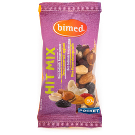 Hit mix nocciole, anacardi, mandorle, mirtilli e uvetta, pocket 60g - bimed
