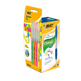 Promo box 12 penne bic atlantis classic blu + 4 evidenziatori flex col. Ass.