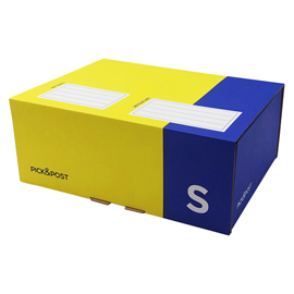 Scatola automontante per ecommerce pickpost - s - 26 x 19 x 10 cm - giallo/blu - blasetti