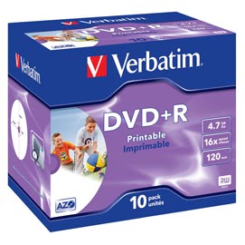 Scatola 10 dvd+r jewel case 16x 4.7gb 120min. Stampabile wide photo inkjet